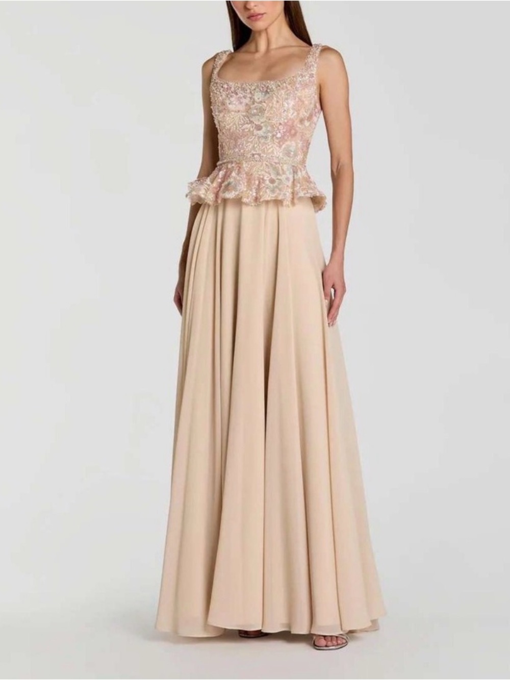 Mac Duggal Champagne Floral Embellished Embroidered Peplum Top Chiffon Gown